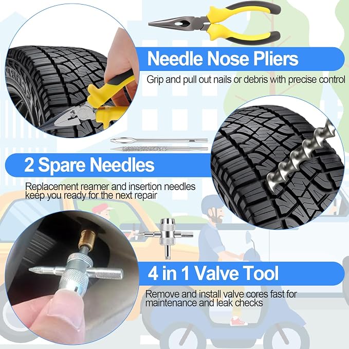 Tire Plug Kit, 160 PCS Tubeless Tire Repair Kit with Metal T-Handle Tools, Repair Strips, Screw-in Repair Plugs, Valve Stem Service Accessories, Pressure Gauge, Gloves & Hard Case