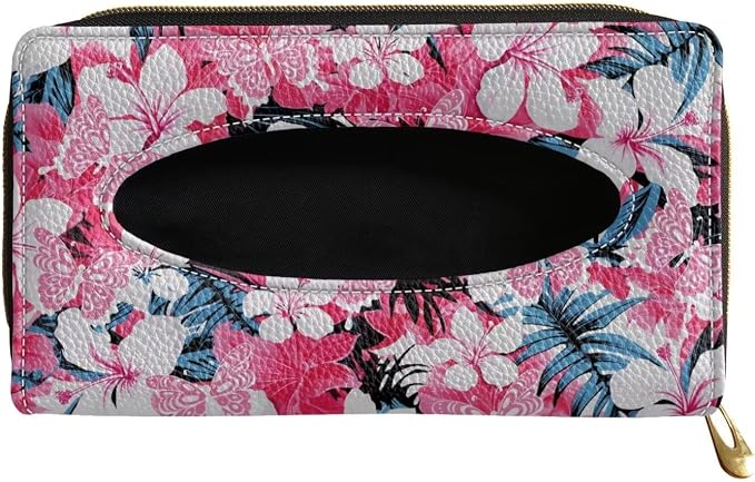 Pink Tropical Flower Car Visor Tissue Holder for SUV Sedans Vans Tropical Flower Premium Car Tissue Box PU Leather Wear Proof Universal Fit