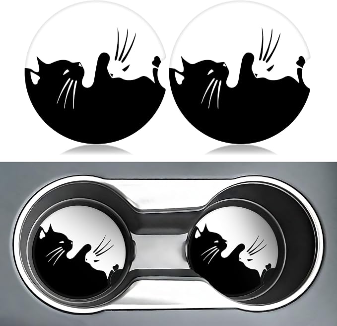 White and Black Cat Car Coasters for Cup Holders,2 Pack Car Cup Holder Coasters for Car,Ceramic Absorbent Car Coaster with A Finger Notch and Cork Base,Car Interior Accessories for Women Men
