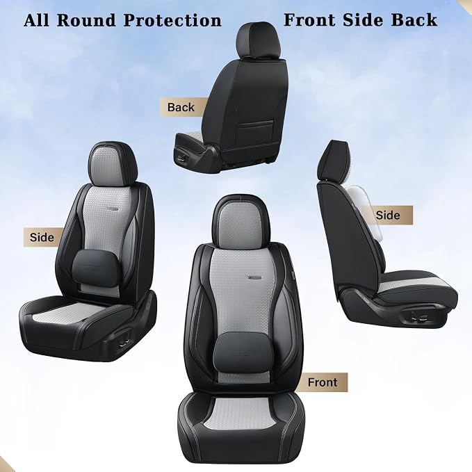 Coverado Seat Covers, Car Seat Covers Front Seats, Waterproof Nappa Leather Auto Seat Cover with Lumbar Head Pillow, Black Gray Seat Covers Carseat Cover Universal Fit for Most Cars