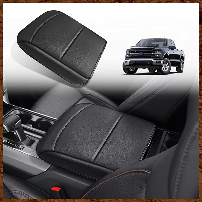 Muslogy Center Console Armrest Cover Fit for Ford F150 2021-2025 2026 Accessories, Comfort Armrest Pad Console Lid Cushion Vegan Leather Regular Thick(Bucket Seat ONLY)