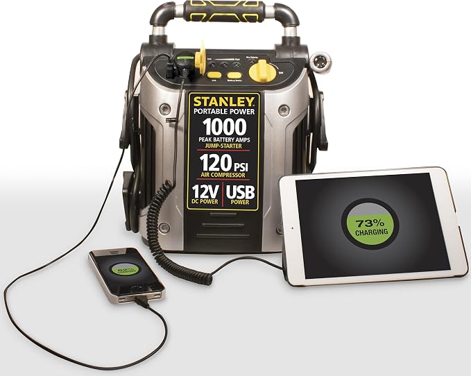 STANLEY J5C09 1000 Peak Amp Automotive Jump Starter, Portable Power – 2.1A/10W USB Port, 12V Outlet, 120 PSI Air Compressor for Tires, Bikes & Sports Equipment | Portable Power, 2.1A/10W USB Port, 12V Outlet, 120 PSI Air Compressor for Tires, Bikes & S...