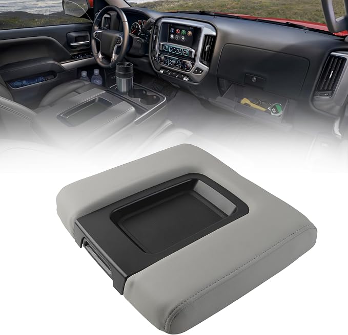 Dasbecan Center Console Lid Compatible with 2014-2018 Chevy Chevrolet Silverado/GMC Sierra 1500 2500HD 3500HD Front Center Console Armrest Lid with Liner Mat Replace# 22881398(Gray)