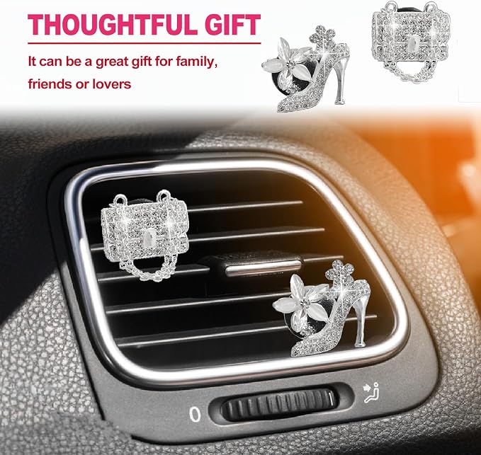 2 Pieces Car Bling Crystal High Heel Shoe Air Vent Clips with Magic Bag Rhinestone Car Air Vent Decoration Cute Universal Interior Accessories Silver