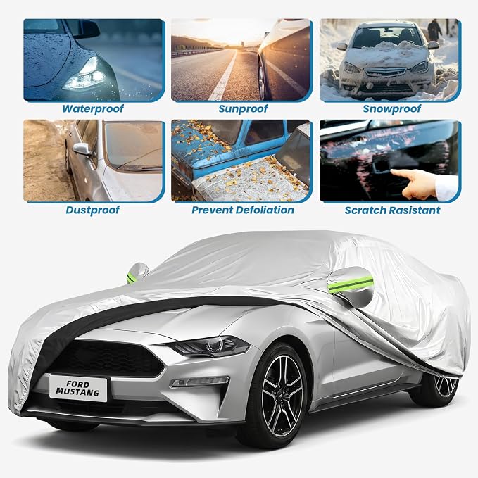 210D Oxford Car Cover Compatible with Ford Mustang, Waterproof Outdoor Full Exterior Coupe Protector, UV Rain Snow Dust, Windproof Straps, Reflective Strips, Silver, 195 x 77 x 59 in