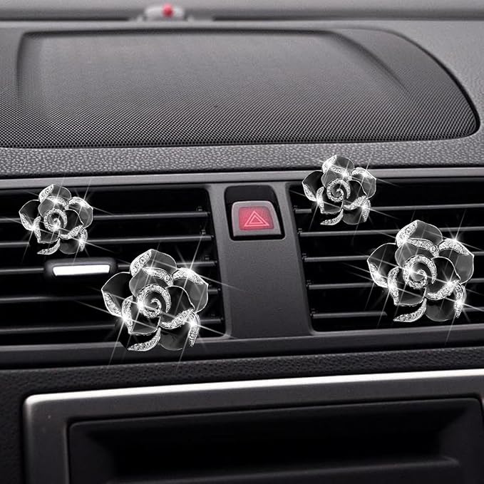 Osilly Bling Car Air Vent Clips, 4PCS/2Set Flower Rhinestone Vehicle Air Outlet Clamp, Sparkly Diamond Automotive Interior Vent Clip Charm Decor Accessories, Universal for SUV Truck RV (Black)