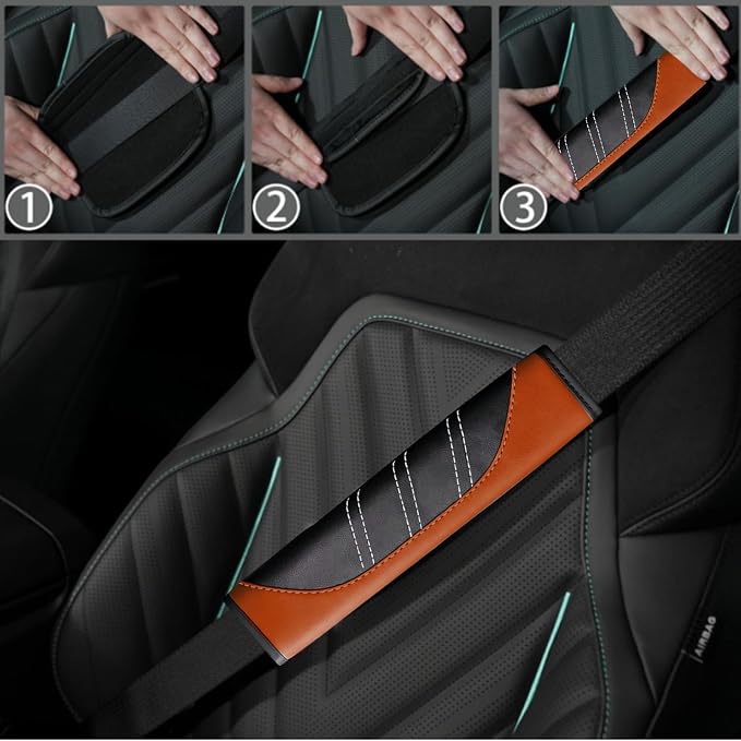 NBTEPEM 10 Pcs Car Floor Mats Full Set & Sport Leather Steering Wheel Cover 14.5-15 inch, Center Console Cover, Seat Belt Cushion, Cup Holder Coaster, Universal Automobile Interior Sets (Brown)