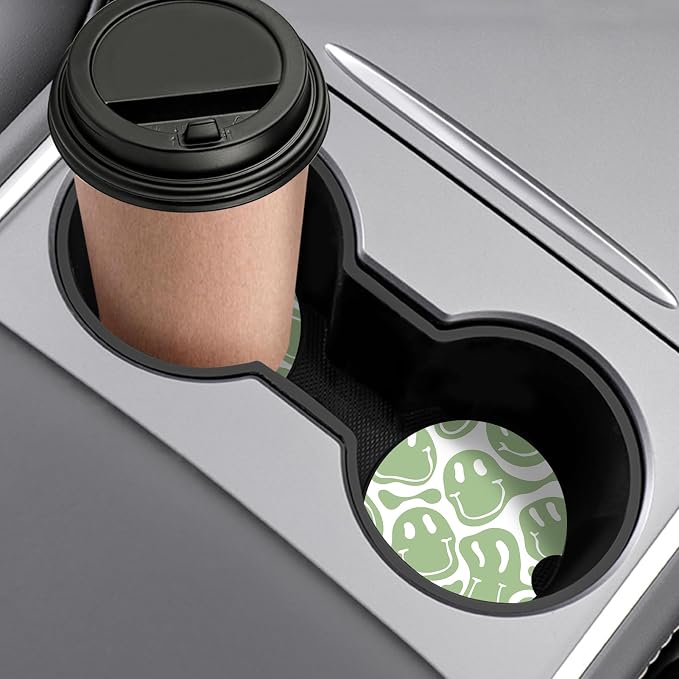 Car Coasters,Purple Smily Absorbent 2 Pack for Cup Holders with Finger Notch,2.56 inches Ceramics Heat Resistant Anti Slip Cork Base Car Drinks Coasters Auto Cup Holder(Pale Green face)