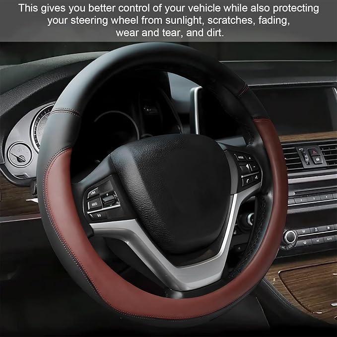 Leather Steering Wheel Cover, Anti-Slip Full Surround Car Wheel Protector with Comfortable Grip, Universal Elastic Decorative Cover Fit for 14 1/2-15 Inch Steering Wheels (Coffee)