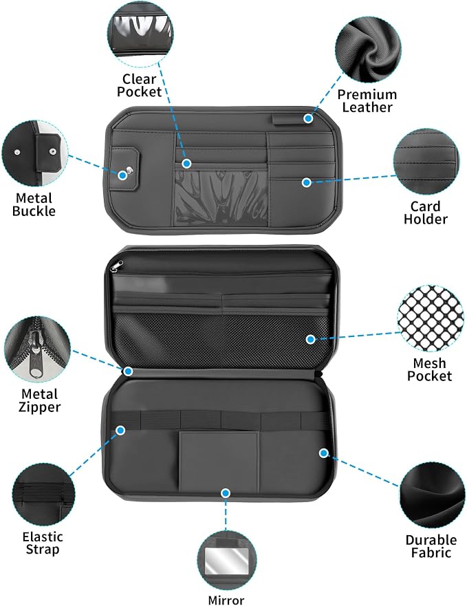 Car Sun Visor Organizer with Multi Pockets PU Leather Zipper Bag | Sunglass Holder with Elastic Straps and Glasses Clip Sunvisor Organizers Universal Fit for Trucks SUV Jeeps & Patrol Vehicles