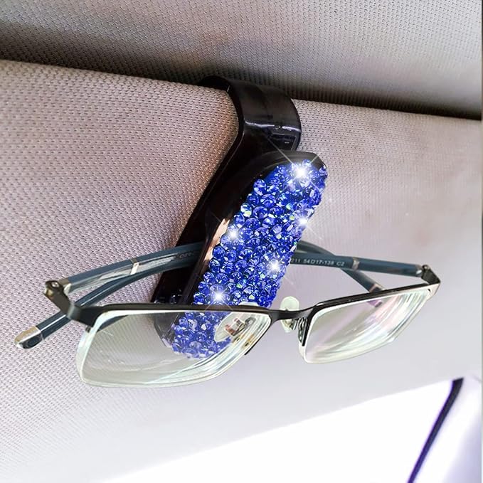 Moly Magnolia Bling Car Glasses Holder, 2PCS Handcrafted Crystal Rhinestones Fashion Car Sunglasses Mount with Card Clip for All Sun Visors, Auto Interior Accessories for Women Girl (Deep Blue)