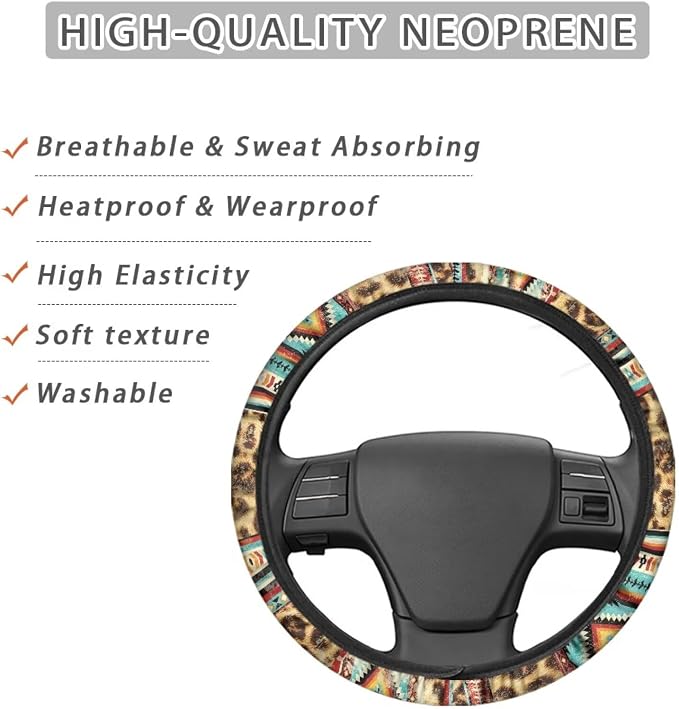 Wanyint Car Steering Wheel Cover Universal 15 Inch Auto Accessories Car Interior Decoration for Women Men Fit SUV Sedan Van Truck, Vintage Aztec Leopard Print