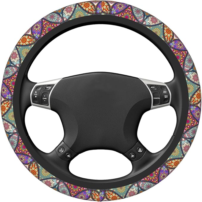 Floral Mandala Steering Wheel Cover for Women Girls, Universal 15 Inch Anti Slip Steering Wheel Protector Car Accessories Interior for Auto Truck SUV