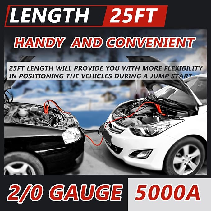 iMeshbean 2/0 Gauge 25FT Jumper Cables, Commercial Grade Automotive Booster Cables for Jump Starting Dead or Weak Batteries, Heavy Duty Booster Cable for Car Van Truck,with Storage Bag