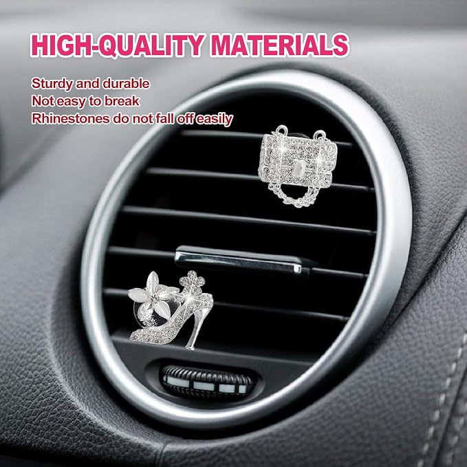 2 Pieces Car Bling Crystal High Heel Shoe Air Vent Clips with Magic Bag Rhinestone Car Air Vent Decoration Cute Universal Interior Accessories Silver