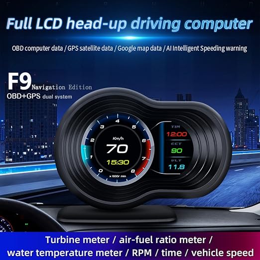 obd2 Gauges Display Heads up Display for Cars F9 with Navigation, Digital Speedometer for Car with Water Temperature, Voltage, Fuel Consumption, RPM,Multiple Alarm Functions, Speedometer Plug and Play