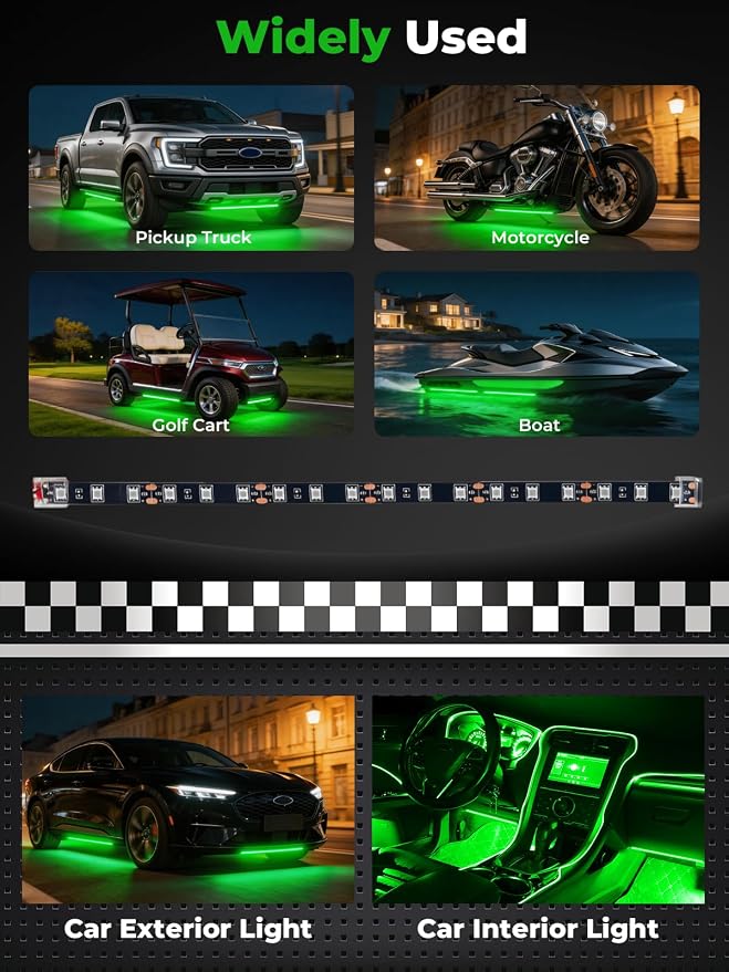 Car LED Strip Lights IP68 Waterproof Cuttable 12inch Green 4 Pcs | 12V Footwell & Underbody Lights, 18pcs 5050 SMD, interior & exterior light, fits SUVs, trucks, motorcycles, boats, golf carts