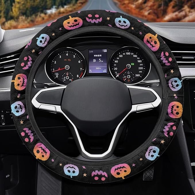 Wanyint Auto Steering Wheel Cover Unviersal 15 Inch Steering Wheel Wrap Cover Halloween Car Interior Accessories Decor for All Seasons, Pumpkin Gradient