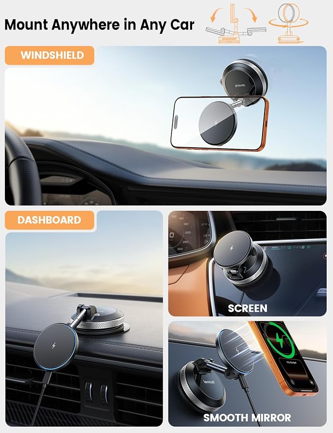 Lamicall 15W for MagSafe Car Mount Charger - [70 LBS Strongest Suction] Magnetic Wireless Car Charger, Suction Cup Phone Mount, Vacuum Magnetic Phone Holder Car Mount for iPhone 17 Pro Max 16 Silver