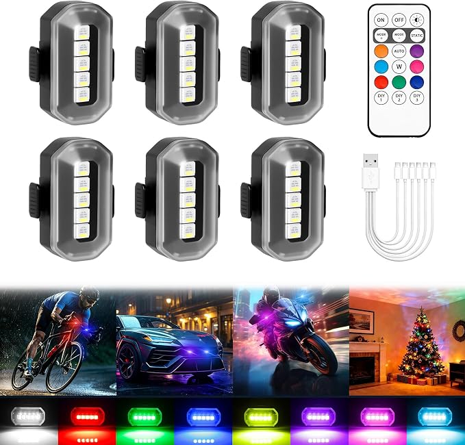 Upgraded 6PCS Wireless Strobe Lights for Car Motorcycle Bike Remote Bright 5 LEDs Anti Collision Lighting USB-C Rechargeable RGB Mini Exterior Warning Flashing Interior Ambient Light IP67 Waterproof