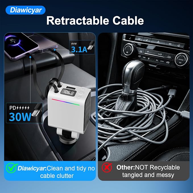 45W FM Transmitter Bluetooth Car Adapter, Wireless FM Bluetooth Transmitter | [PD 30W & QC3.0] Retractable Car Charger, Hands-Free Calling, White