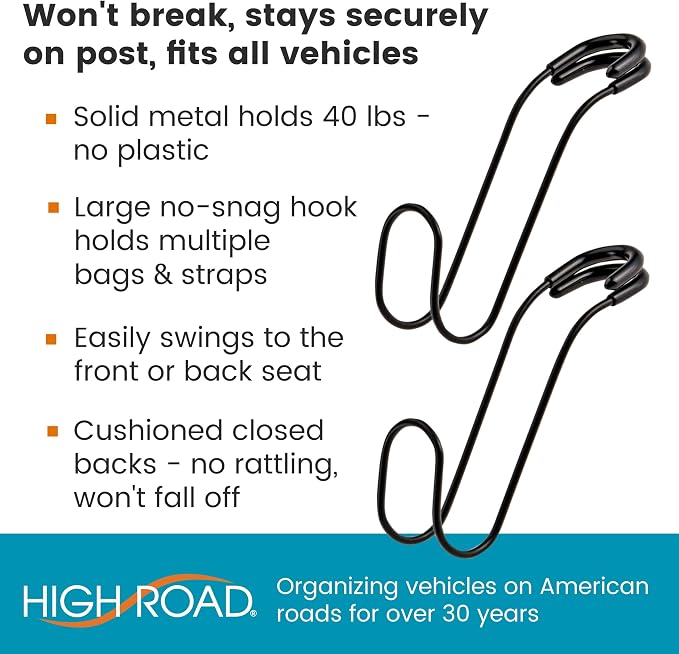 Metal Car Hooks for Purses and Bags - Large Hooks Won't Slip Off or Rattle | Set of 2 High Road Car Headrest Hooks Fit All Sized Metal Posts - Holds Multiple Bags, Wide Straps and Hard Hats