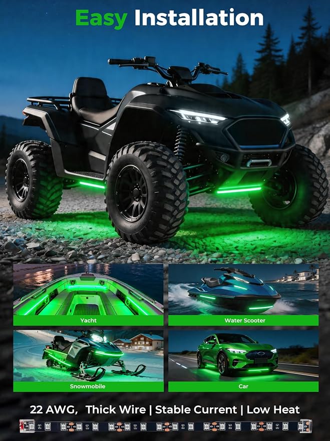 Car LED Strip Lights IP68 Waterproof Cuttable 12inch Green 4 Pcs | 12V Footwell & Underbody Lights, 18pcs 5050 SMD, interior & exterior light, fits SUVs, trucks, motorcycles, boats, golf carts