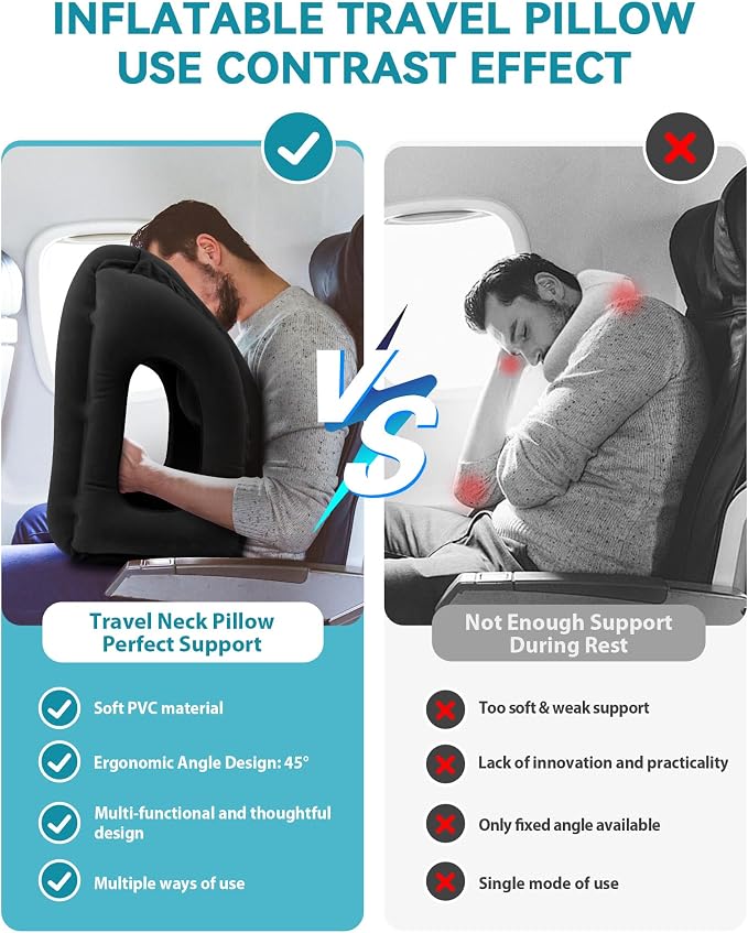 Inflatable Travel Pillow, Airplane Neck Pillow Comfortably Supports Head and Chin for Airplanes, Trains, Cars Office Napping on The Tray Table (Black)