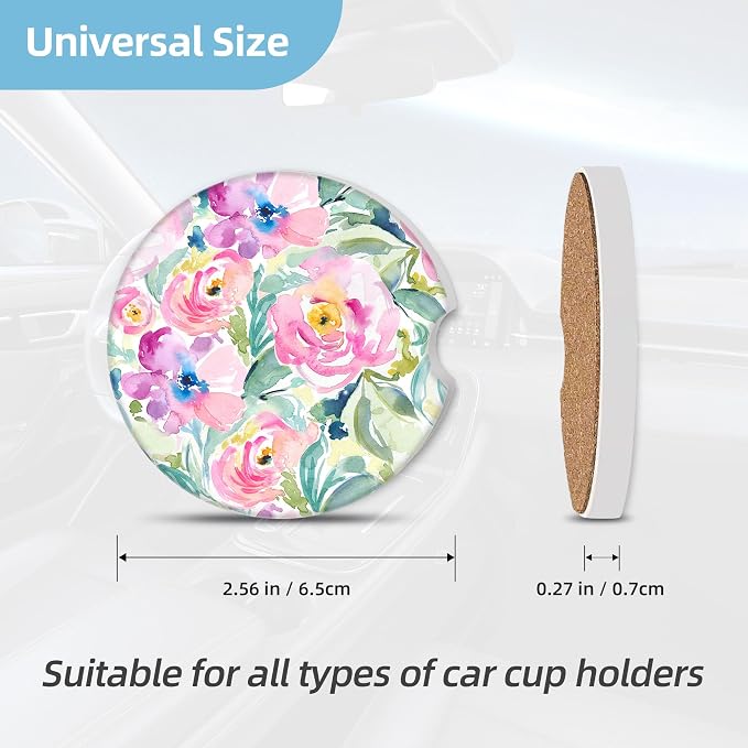 2 Pack Car Coasters for Cup Holders, 2.56" Universal Absorbent Ceramic Stone Car Cup Holder Coasters with Non-Slip Cork Base, Car Interior Accessories for Women Men(Pink Peony Floral)