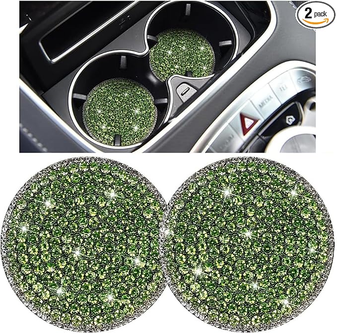 Bling Car Cup Holder Coaster, 2PCS 2.75 Inch Crystal Rhinestone Anti Slip Vehicle Drink Cup Mat for Women Girls, Auto Interior Embedded in Ornaments. Universal for SUV RV Truck (Green)