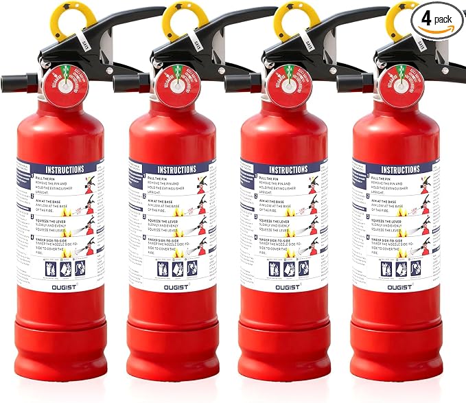 Ougist Pro Fire Extinguisher for Home, 1-A:10-B:C, Dry Chemical, 4 Pack | 2.5 Lb Dry Chemical Set for Small Household, Kitchen and Garage Fires with Quick-Release Handles for Easier Use