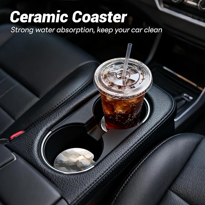 2 Pack Ceramic Car Coasters for Cup Holder, 2.56 in Anti Slip Absorbent Coaster with Cork Base and Finger Notch, Funny Cute Car Accessories for Women, Black Stone