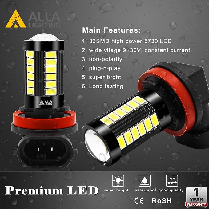 Alla Lighting Super Bright H8 H11 LED Fog Lights Bulbs or DRL, 6000K Xenon White H16 H11LL H8LL H1155 Replacement, 2800Lms 5730 33-SMD 12V for Cars, Trucks, SUVs, Vans