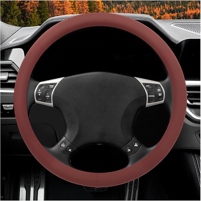 Car Steering Wheel Cover, 15" Breathable Leather Auto Wheel Protector with Comfortable Grip, Non-Slip Perforated Steering Wheel Protective Cover for SUV Truck Sedan Van (Red)