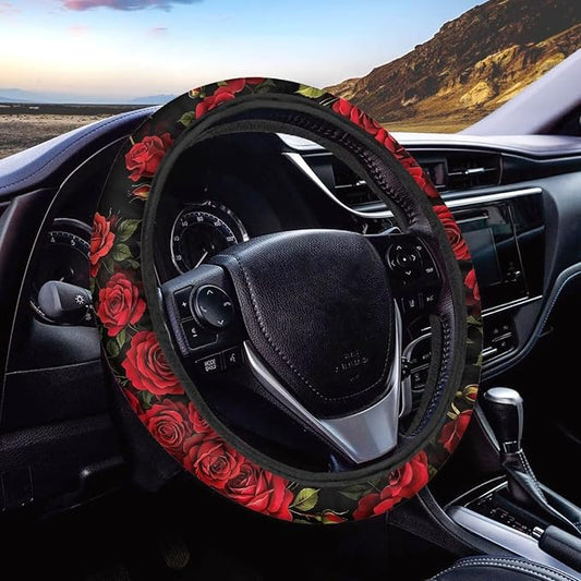 AFPANQZ 14-15 in Car Steering Wheel Cover Stretch-on Comfortable Grip | Universal Fit Most Car Sedans SUVs, Red Rose Print, Breathable Steering Wheel Protector