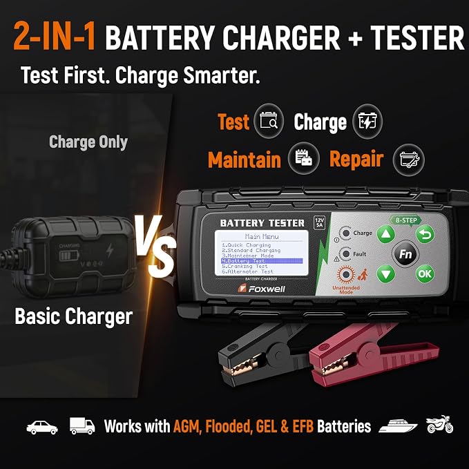 FOXWELL BC521 2-in-1 Battery Charger & Tester, 12V 5A, Test Before Charging | Test Car Battery Health, Cranking and Alternator Output, Then Use 8-Stage Charging, Pulse Repair Or Battery Maintenance