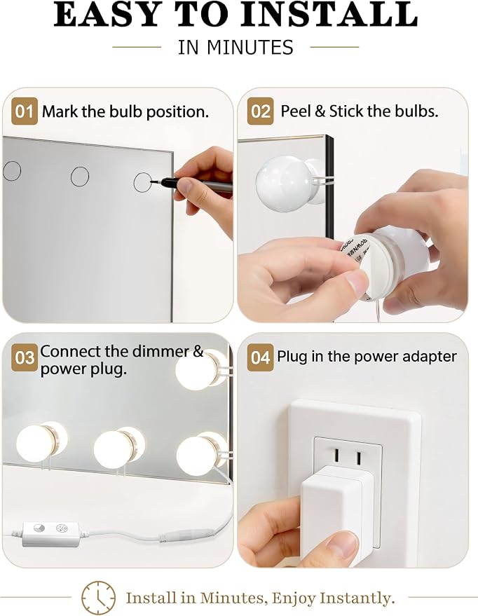 Waneway 14 Bulbs Vanity Lights for Mirror, Plug in Power Adapter & Touch Control Dimmer, 3 Color Modes, 1260 Lumens, Stick on LED Makeup Lights Kit (Mirror Not Included)