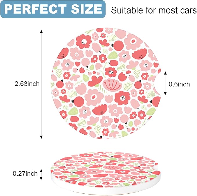 2 Pack Car Cup Holder Coaster, 2.63 inch Anti Slip Insert Absorbent Ceramic Coaster with Cork Base and Finger Notch, Cute Car Accessories Interior for Women