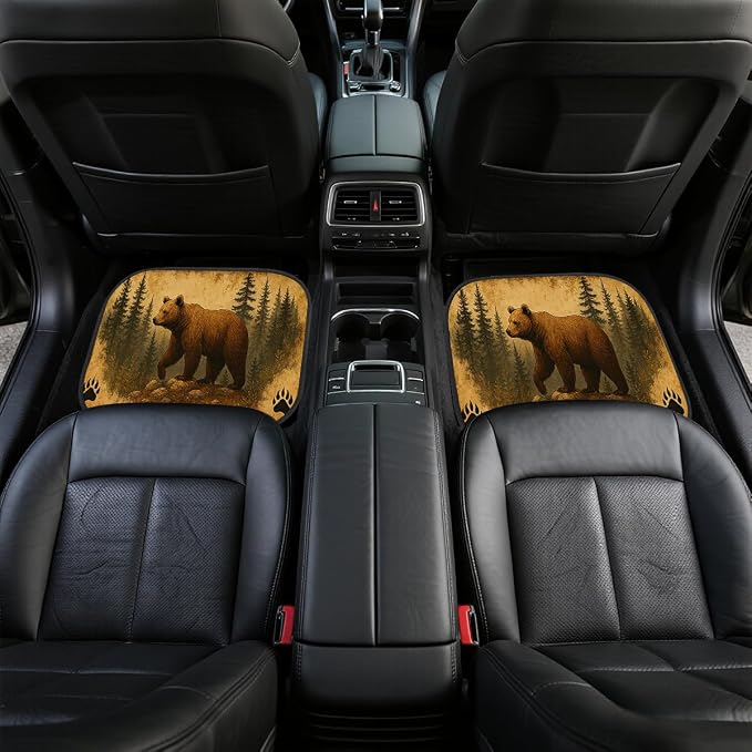 Bear Car Floor Mats Vintage Brown Forest Paw Rustic Wildlife Carpet Front Rear Carpets Mat Decorative Car Floor Carpets Non-Slip Auto Car Accessories Universal Fit Car Accessories for Truck