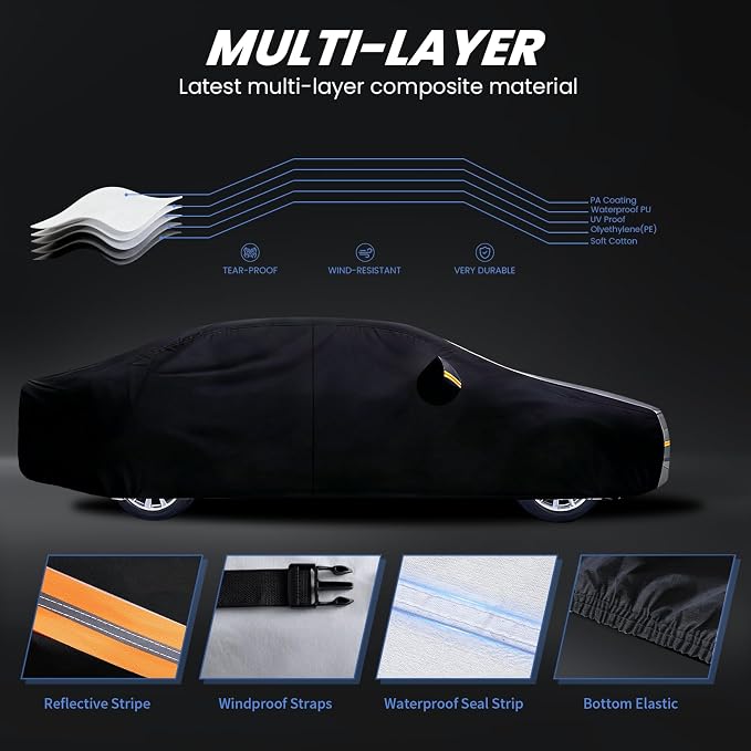 Multi-Layer Car Cover Custom Fit for Bentley Flying Spur(2013-2026), 100% Waterproof All Weather for Automobiles, Gift with Towel, Heavy Duty Car Covers for Rain Sun UV Protection with Door Zipper.