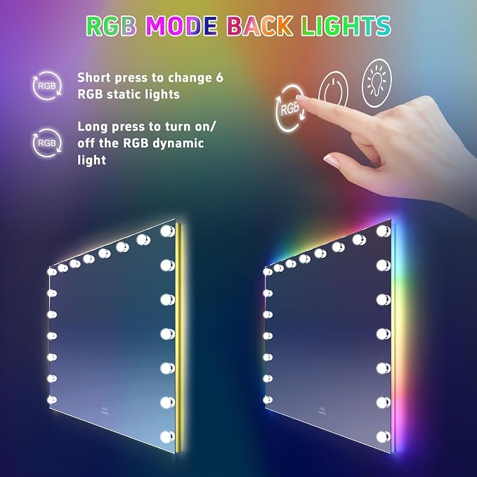VANITII Large Vanity Mirror with 20 Bulbs Lights 40"x32" RGB Backlit Hollywood Makeup Mirror with Dimmable 3 Lighting Modes Lighted Desktop Wall-Mount Mirror with Smart Touch
