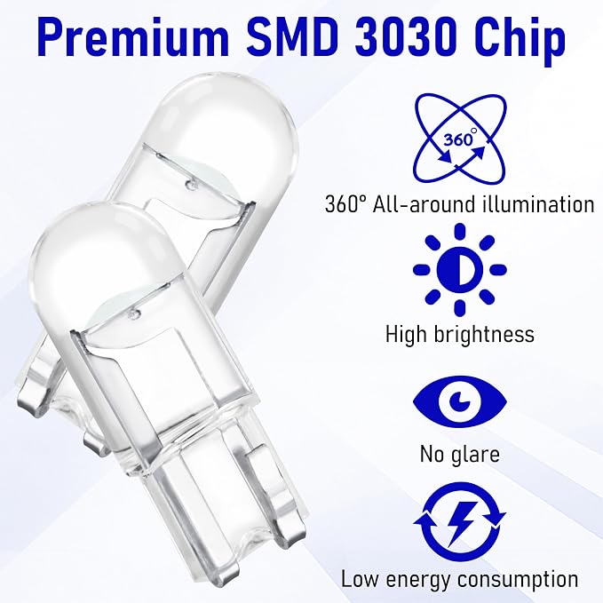 ecocstm 30 PCS Car 194 LED Bulbs, 168 2825 W5W T10 Wedge COB LED Replacement Bulb, Error Free Interior Bulb for Dashboard Light, Dome Lights (Blue)