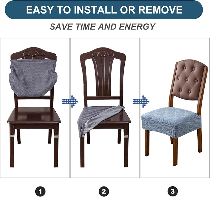 Removable and Washable Seat Covers for Dining Room Chairs Set of 6 - Waterproof Stretch Chair Seat Slipcovers, No Back Covers
