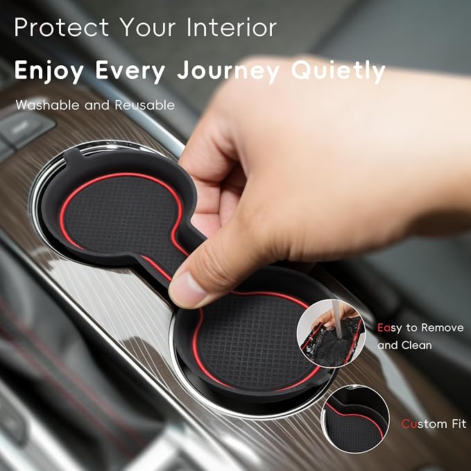Auovo Cup Holder Inserts Coaster Center Console Liners Compatible with Chevy Malibu Accessories 2017-2025 Silicone Cup Mat Pad Door Liners Car Interior Decoration(Red, 7PCS-with Door Liners)