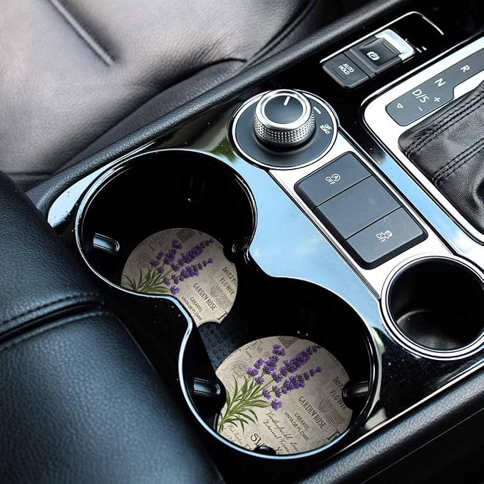 Lavender 2 Pack Car Cup Holder Coaster Anti Slip Insert Absorbent Ceramic Car Coaster with Cork Base and Finger Notch Cute Car Accessories Interior for Women Men