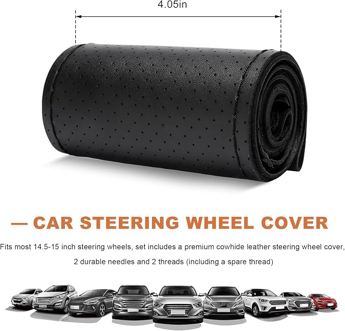Genuine Leather Steering Wheel Cover, 15 Inch Stitch on Wheel Wrap with Needles & Threads, Breathable Steering Wheel Protector DIY Sewing Wrap for Car Truck SUV (Black, Full Hole)