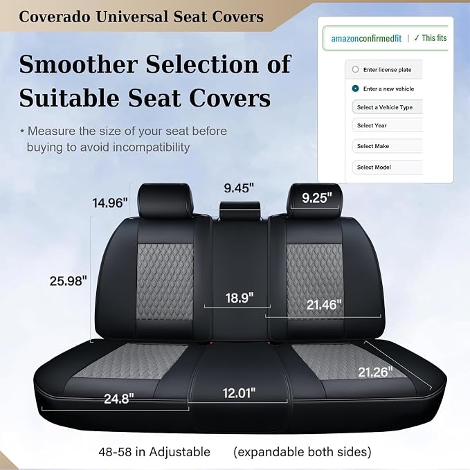 Coverado Leather Rear Seat Covers for Cars, Waterproof Back Seat Cover, Universal Automotive Seat Cushion Protector for Most Cars Trucks SUV (Black&Gray)