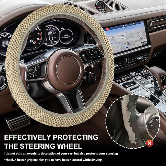 Breathable Elastic Steering Wheel Cover,15 Inch Stretch Steering Wheel Protector,Microfiber Ice Silk Anti-Slip Car Wheel Cover,Odorless Comfort Grip Interior Accessory for Cars SUV Truck（Beige）