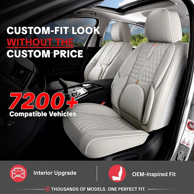 Car Seat Cover Complete Set, Light Gray, Suitable for Most Cars | with Lumbar Support, Premium Artificial Leather, Waterproof and Easy to Clean, Airbag Compatible