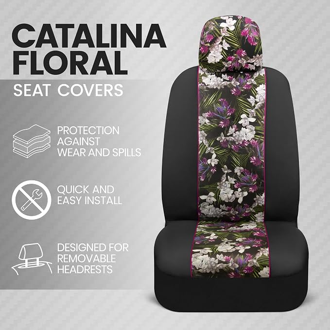 BDK Pink Flower Faux Leather Car Seat Covers for Front Seats, 2 Pack – Floral Pattern with Matching Headrest, Easy Installation, Fits Most Car Truck Van and SUV, Catalina Floral